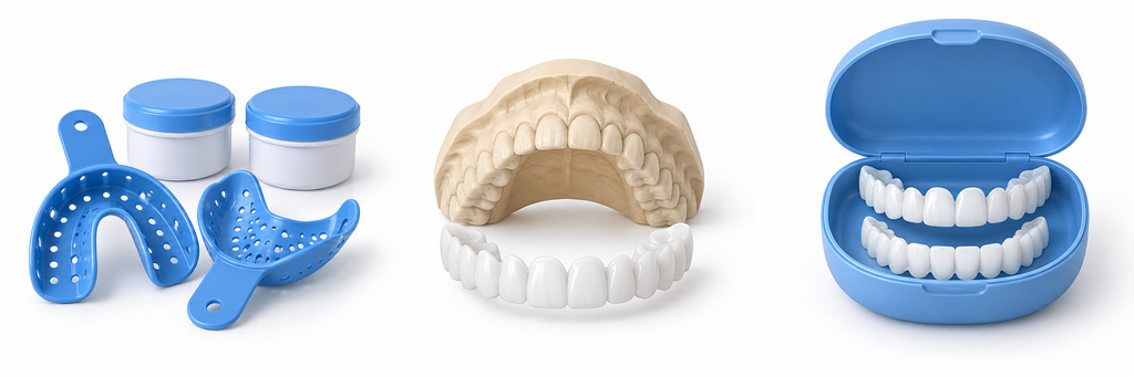 Custom veneer workflow concept: impression kit, custom design and delivery