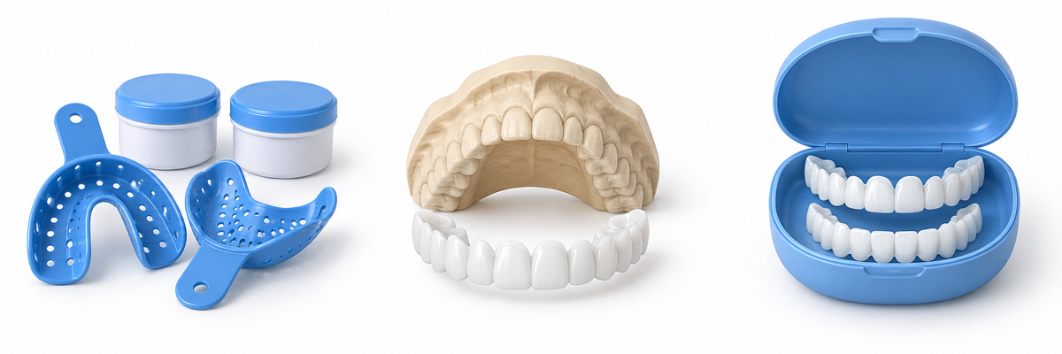 Custom veneer workflow concept: impression kit, custom design and delivery