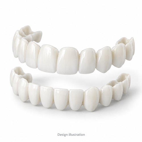Design illustration of custom upper and lower veneers; not a photograph of the supplied product